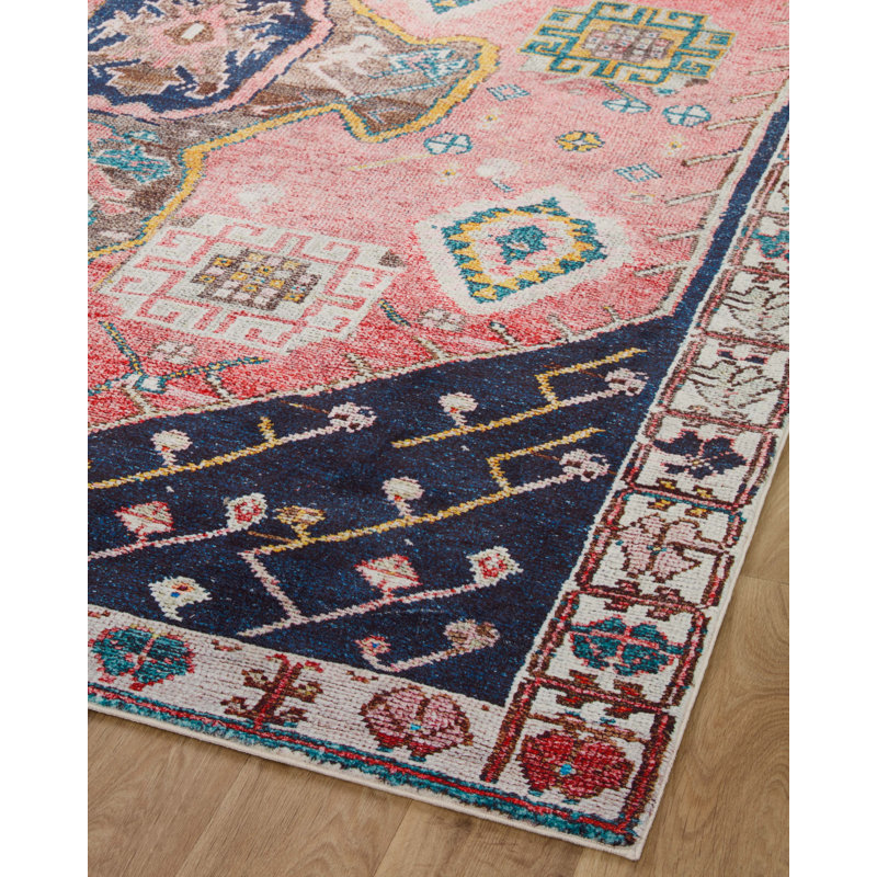 Moroccan Machine Made Power Loom Polyester Area Rug in Rust/Navy, Runner 2'6" x 7'6"