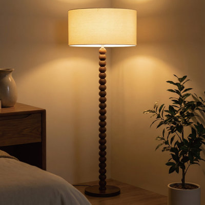 Lampe sur pied en bois d'hévéa rétro de 61 po avec base sphérique empilée sculptée et abat-jour tambour en lin beige, certifiée cULus pour les tables d'appoint de salon, les coins de chambre à coucher, les bureaux à domicile ou les salles d'étude