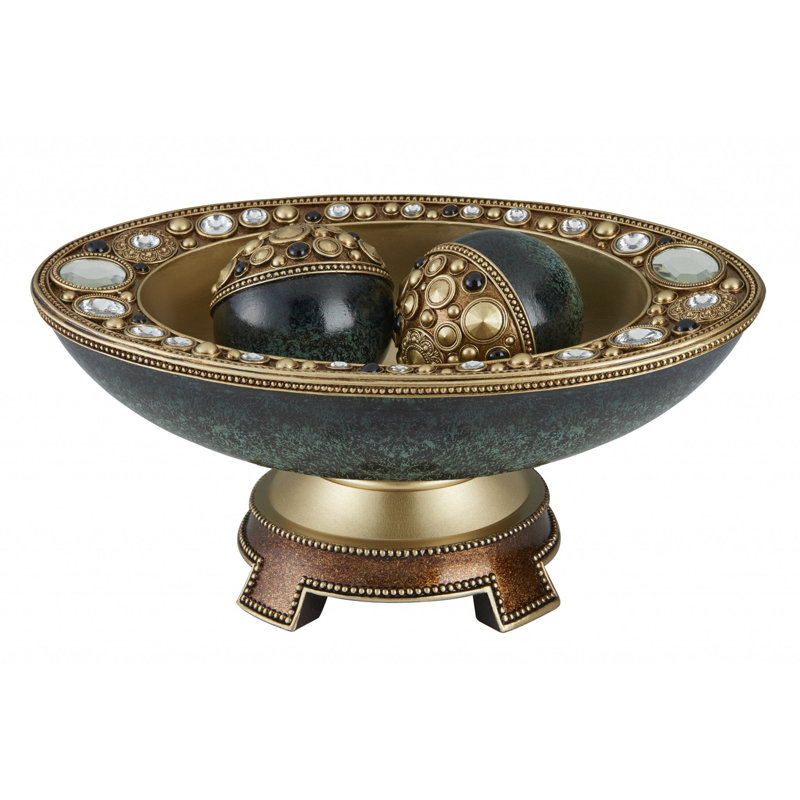 Handcrafted Green and Gold Resin Decorative Bowl with Stand