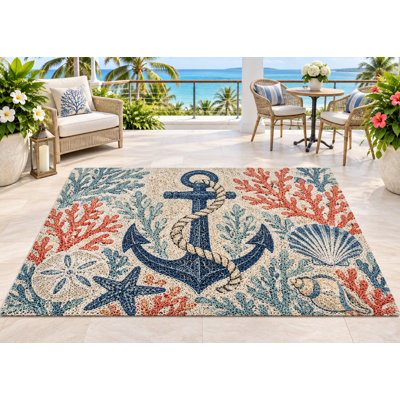 5' x 7' Outdoor Area Rug Nautical Anchor Coral Seashell Heavyweight Solid Waterproof PVC Coil Loop Carpet, Heavy Duty Patio Rug, Quick Dry Indoor Outdoor Mat for Porch Deck Balcony RV Camping