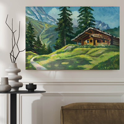 1Pc Framed Canvas Poster Print Mountain cabin nestled among trees, vibrant greens and blues, Impressionist oil painting style.Wall Art Decor, Perfect for Room Decor Living Room Bedroom Office Kitchen Bathroom Home Decor, Ideal Home Wall Decoration Gift