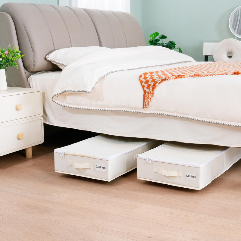 Under Bed Storage Containers with Wheels and Label Holders, Rolling Shoe Organizer with Cover, 2 Pack, (Beige), Beige