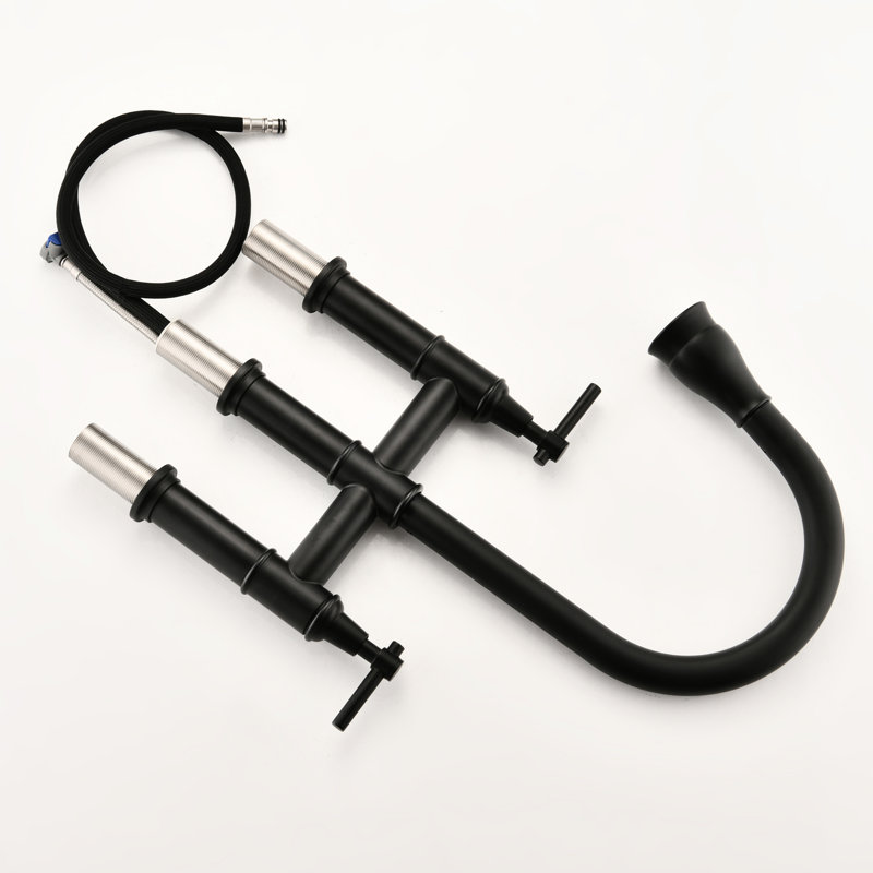 Robinet de cuisine noir mat à deux poignées avec pont et bec rétractable, corrosion, 304, débit de 1,5 gallon par minute, portée de 8,85 po, hauteur de 9,25 po et tête de pulvérisation, acier inoxydable 304, débit