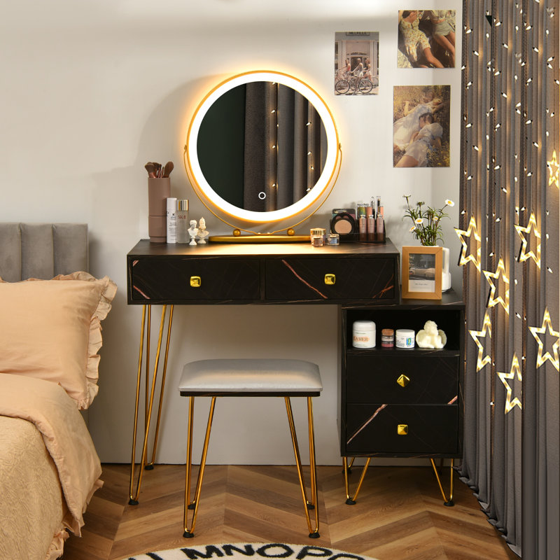 Bedroom Makeup Vanity Dressing Table Stool Set with 3 Colors Lighted Mirror Large Storage Cabinet Drawer, Black/Gold