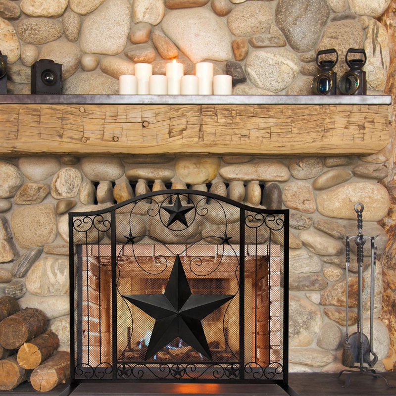 Metal Rustic Fireplace Screen Single Panel with Black Star Detail