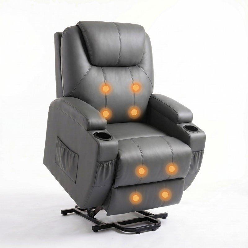 Polyester and Metal Frame Power Lift Massage Recliner , Gray Faux Leather