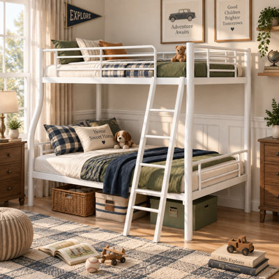 Twin over Twin Bunk Bed Frame, White Metal Steel Bunk Beds with Ladder and Full-Length Safety Guardrails, Space Saving Bedroom Bed