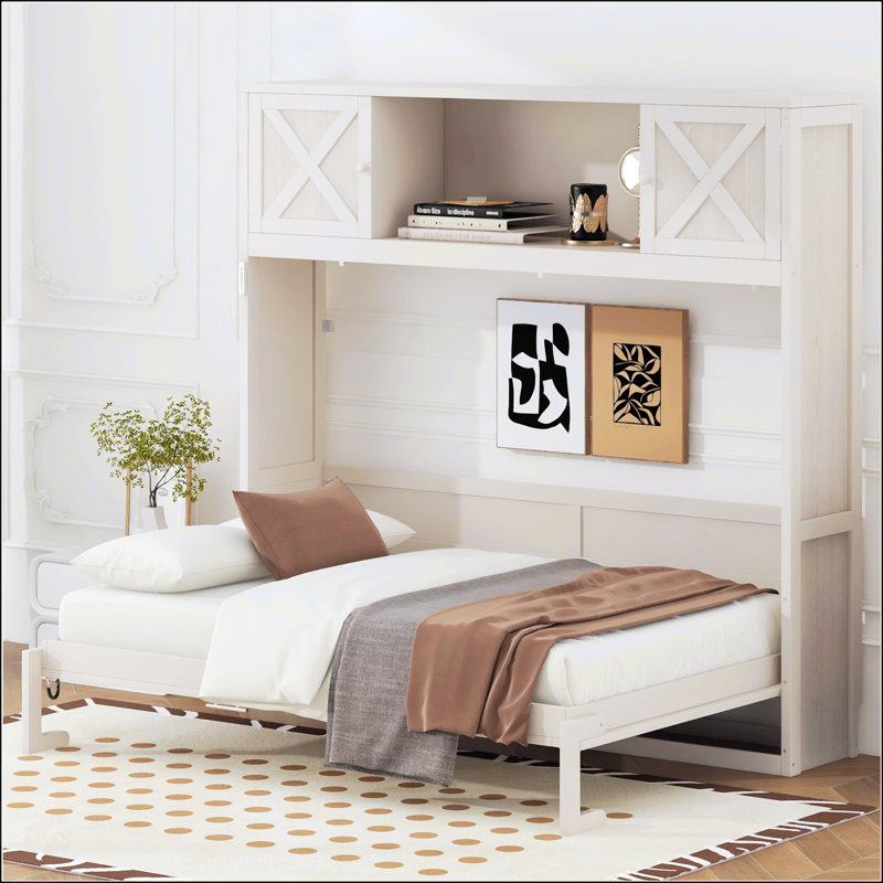 Grand lit escamotable avec armoires de rangement, conception peu encombrante pour les intérieurs modernes et rustiques, Beige