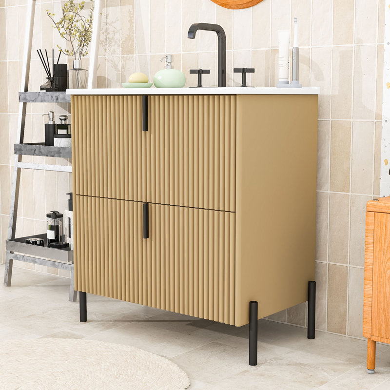 Meuble-lavabo Ã©lÃ©gant avec design cannelÃ© et lavabo, Natural