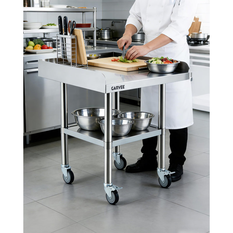 Table de travail de 30 po x 36 po en acier inoxydable avec roulettes, table de préparation commerciale avec dosseret fixe à 3 côtés et tablette réglable en hauteur, établi pour garage de restaurant