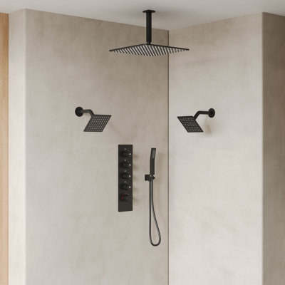 Système de douche thermostatique, robinet de pluie à fixation au plafond 16 po, double pomme de douche murale 6 po avec douchette