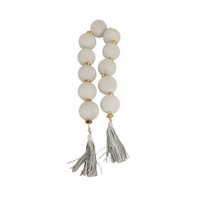 Decorative Glass Beads with Metal Accent and Leather Tassel for Home Decor - Elegant Garland for Table, Shelf, and Living Room Decoration - Ivory