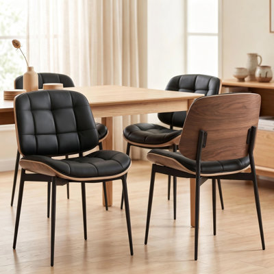 Chaises de salle à manger Mid-Century modernes avec dossier en grain de noyer, ensemble de 4 chaises de salle à manger en similicuir noir