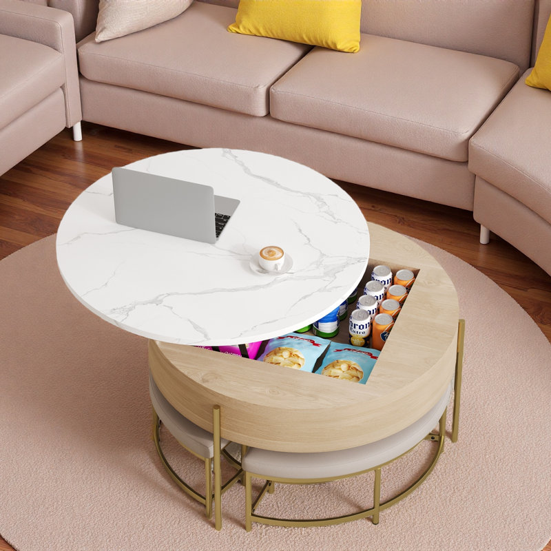 Table basse moderne à plateau relevable avec espace de rangement et 3 repose-pieds, Doré