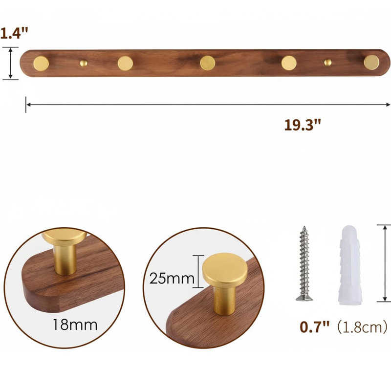 19.3" Walnut Gold Matt Metal-Wood Wall Mount Coat Rack - 5 Rustic Hooks