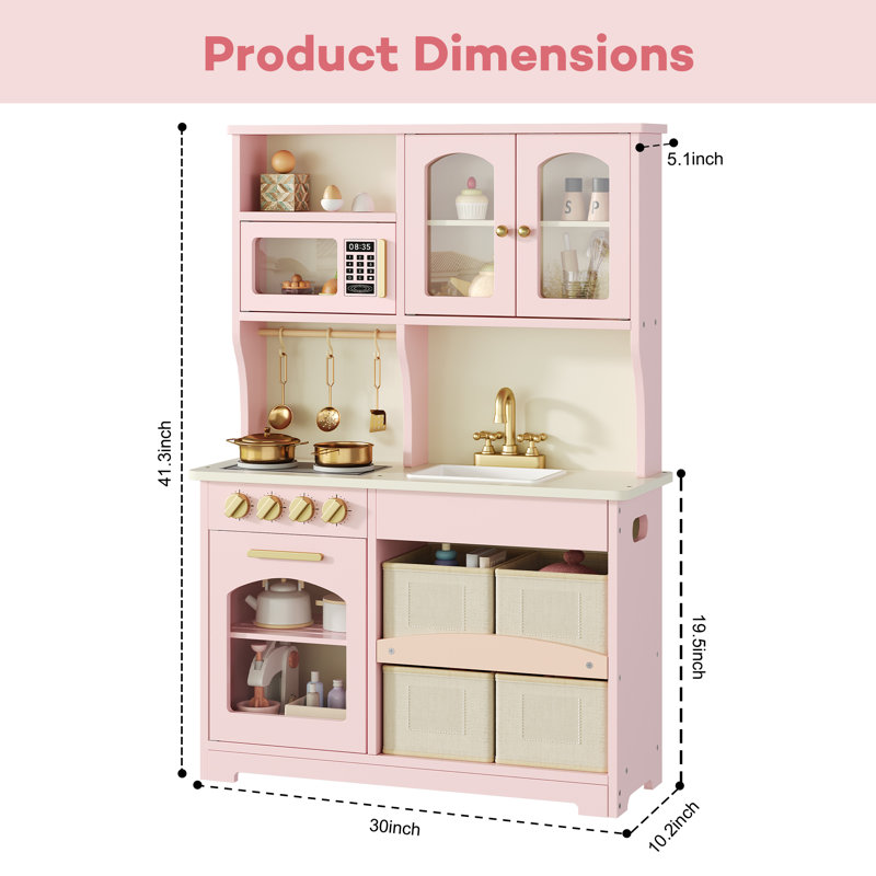 Knoworld Wood Play Kitchen for Kids - Pretend Set with Storage, Stove, Oven, Storage & Accessories, Pink