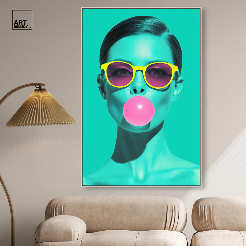 Reproduction d'art moderne sur toile Bubblegum Pop par Art Remedy, cadre doré, 30 x 45, H 46 po x l 31 po, Encadrement doré
