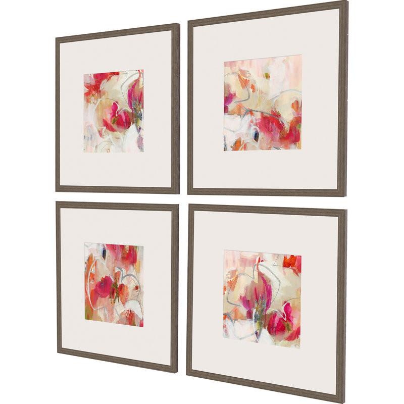 Set of 4 Abstract Floral Prints with Antique Gold Gray Wood Frame