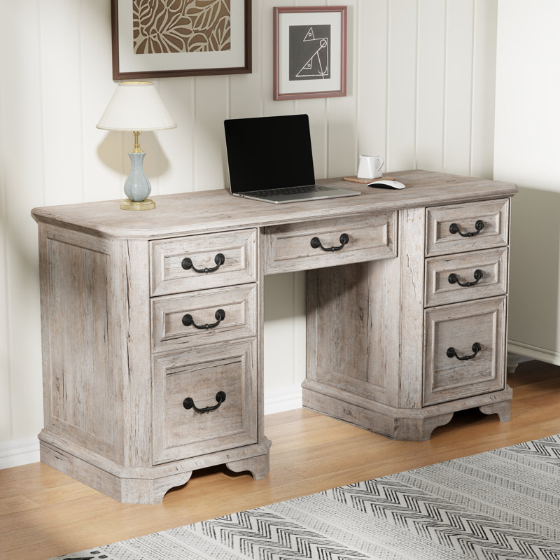 59” Executive Office Desk With Storage,Wood Home Office Computer Desk With Charging Station,File Drawers And Storage Cabinet