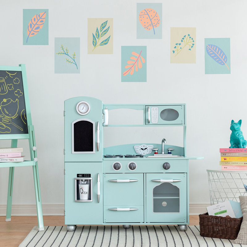 Teamson Kids Retro Wooden Play Kitchen with Chalkboard, Pretend Icemaker & Accessories, Mint