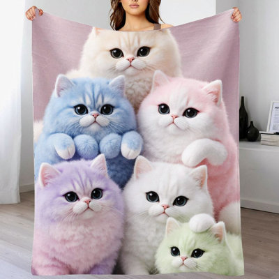 1Pc Cute Pastel Color Kittens Flannel Blanket Soft, Adorable, Plush, Cozy, Ideal Gifts For Cat Lovers, Home Decor, Kids, 60*80