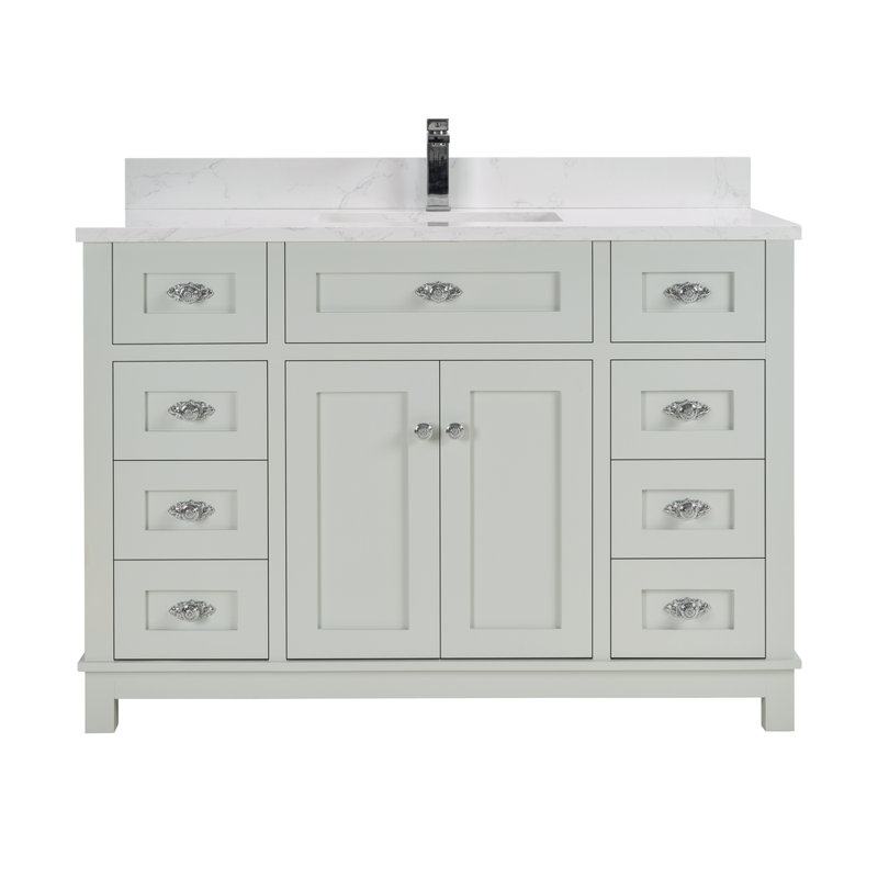 48" Solid Wood Bathroom Vanity with Engineered Stone Top, Single Sink, Polished Chrome, Silver Strand