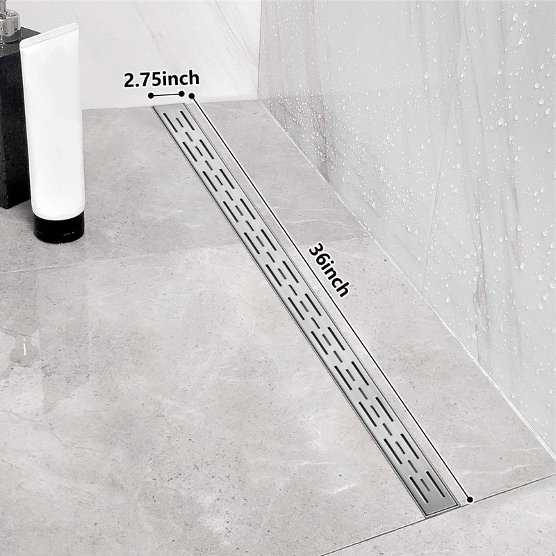 Brushed Nickel Stainless Steel Rectangle Shower Floor Drain,36-Inch Linear Drain With Leveling Feet,Hair Strainer,Removable Bar Pattern Grate