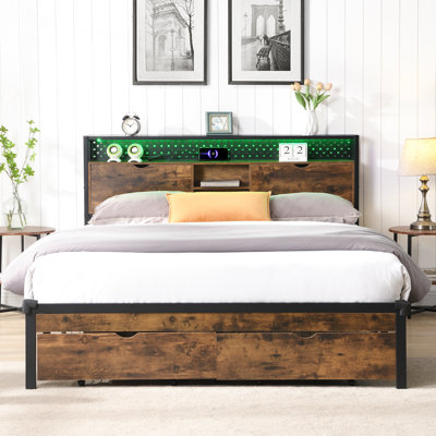 Structure de lit en métal avec repose-pieds et pieds en bois, installation de chargement, 2 rangements de tiroirs, DEL, sans sommier, tête de lit à montage facile, charge, tiroirs, éclairage, rangement