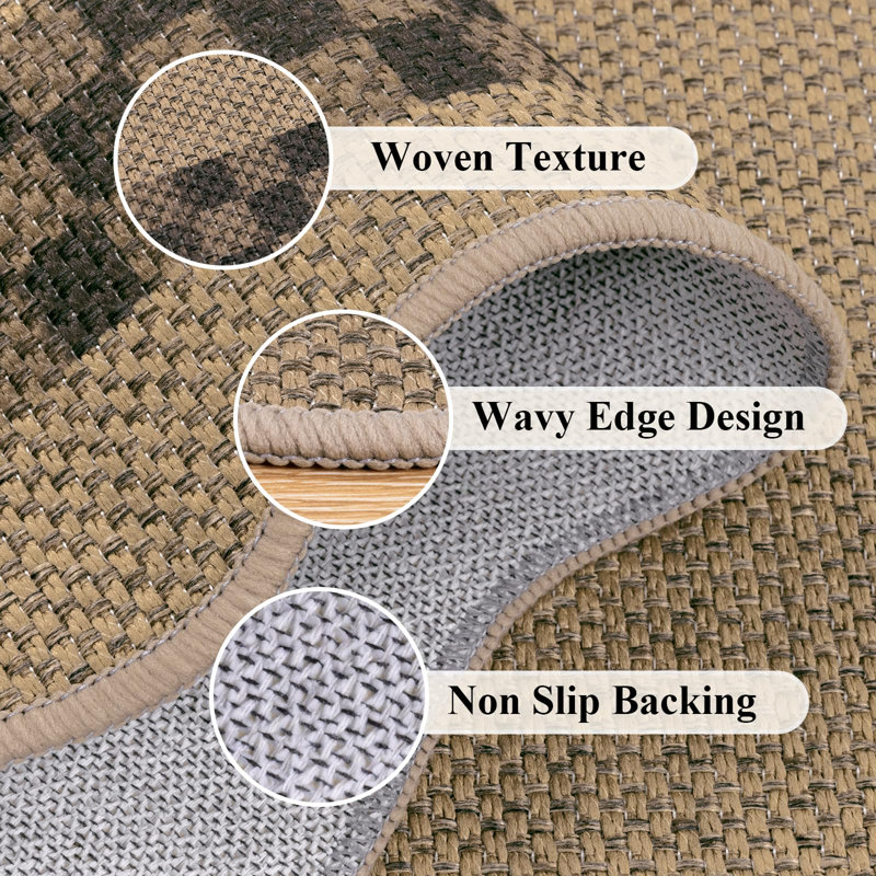 Non-Slip Scalloped Kitchen Rug Set 3PCS, Washable Low-Profile Jute Mats