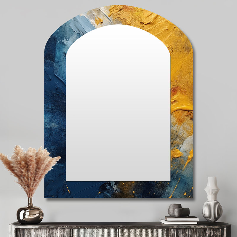 Blue and Yellow Intuitive Expressions II - Abstract Asymmetrical Unique Mirror, Blue Arch Large Wall Mirror, Printed Metal Art