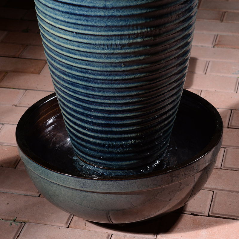 Blue Ceramic Ribbed Vase Fountain, Decorative Water Fountain with LED Lights and Quiet Pump, Indoor Outdoor Water Feature for Patio, Garden, Deck, Balcony, Office and Home Décor, Relaxing Cascading Water Design