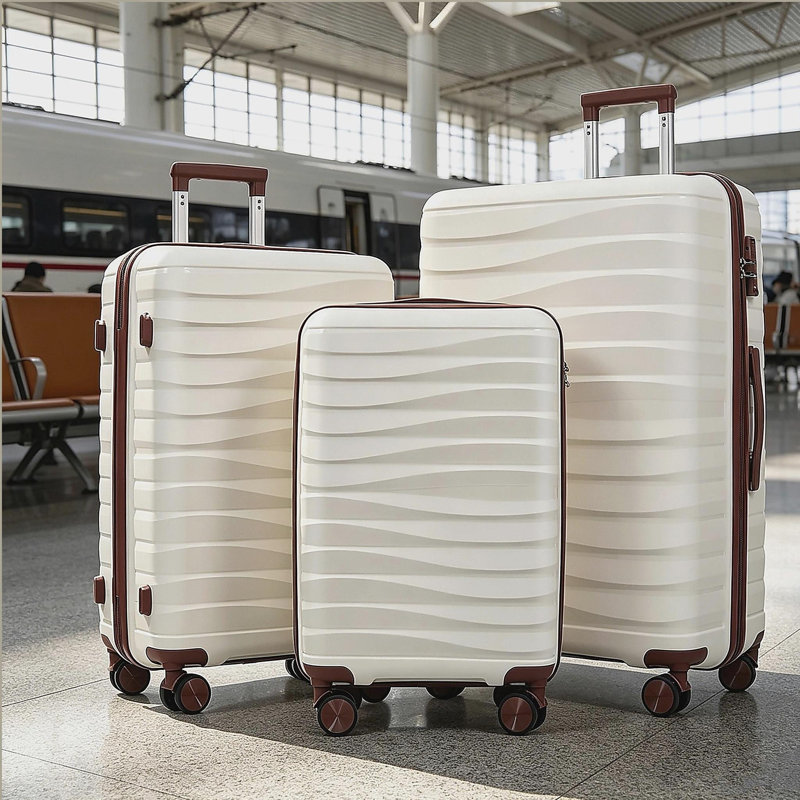 Ensemble de valises de voyage en PP de qualité supérieure, ensemble de valises à verrou TSA 3 pièces avec des tailles de 20, 24 et 28 pouces avec des roues pivotantes à 360 °, ivoire et brun