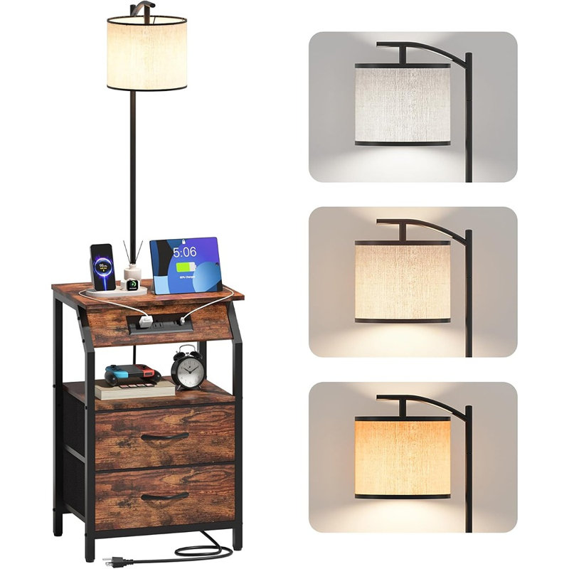 End Table with Floor Lamp, Nightstand with Charging Station, 2-Drawer Side Table with 3-Color Temperature Bulb, Brown