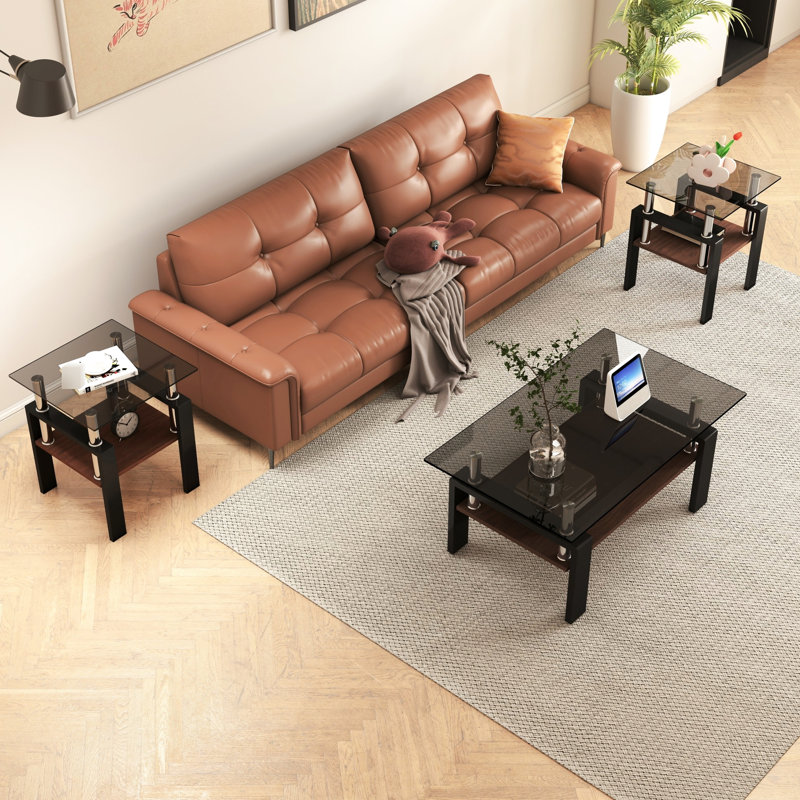 De 2 tables en verre trempé noir avec, une table basse carrée et une extrémité pour les espaces de vie, L 17,57 po x l 17,57 po x H 20,5 po, tables de structure, couche inférieure, table, chambre à coucher, pièce, capacité de chargement