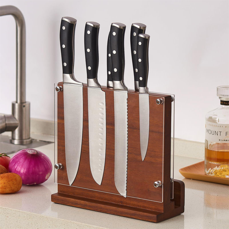 Magnetic Knife Block With Acrylic Shield, Double Side Kitchen Knife Holder Without Knives- Acacia Wood Universal Knife Storage Organizer With Powerful Magnet For Kitchen Counter