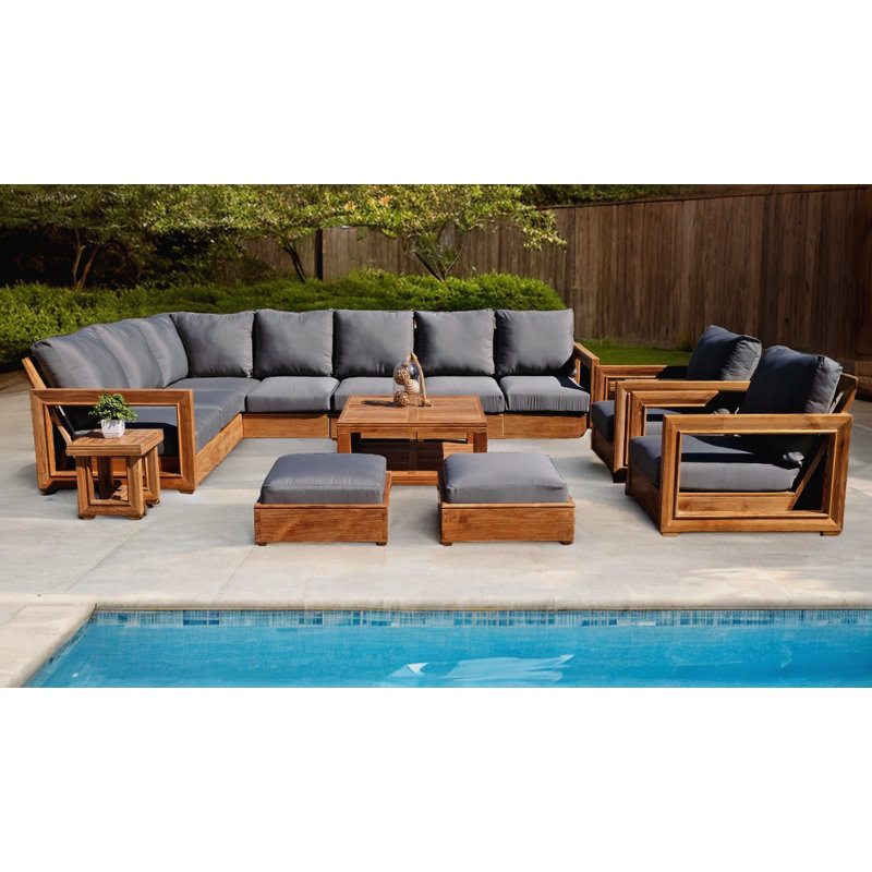 Ensemble de conversation d'extérieur en teck pour 9 personnes avec coussins Sunbrella Chatsworth, Granit