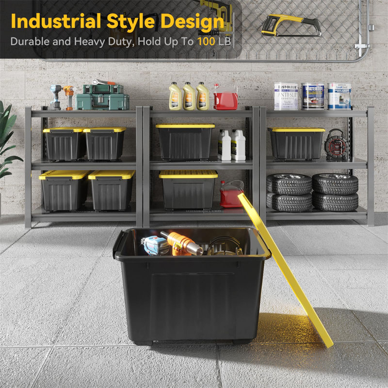 72 Quart Black and Yellow Stackable Plastic Storage Bins with Lids, 6-Pack