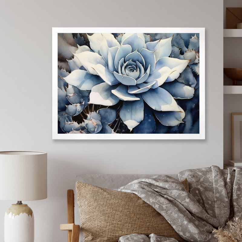 «Blue Blue Cactus Minimal Collage I» sur toile, H 12 po x l 20 po x P 1 po, Cadre simple blanc