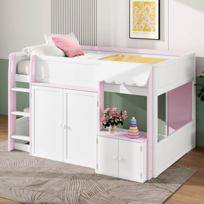 Full Loft House Bed With Playhouse & Storage, Low Loft Bed With Guardrails & Ladder For Kids Teens