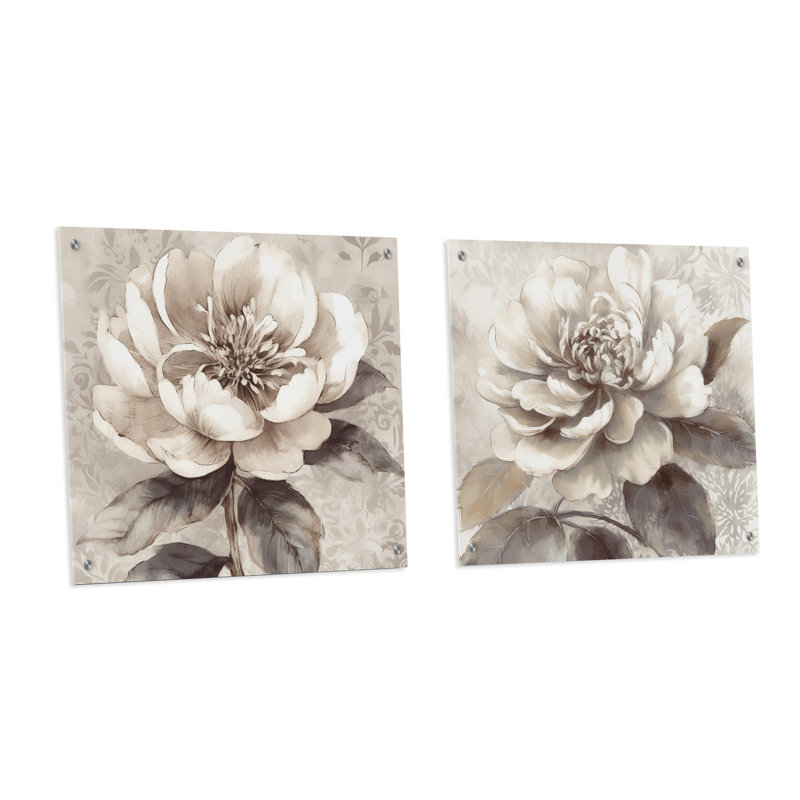 Pivoines grises sur branche I - ensemble de 2 peintures murales en acrylique, H 16 po x l 33 po