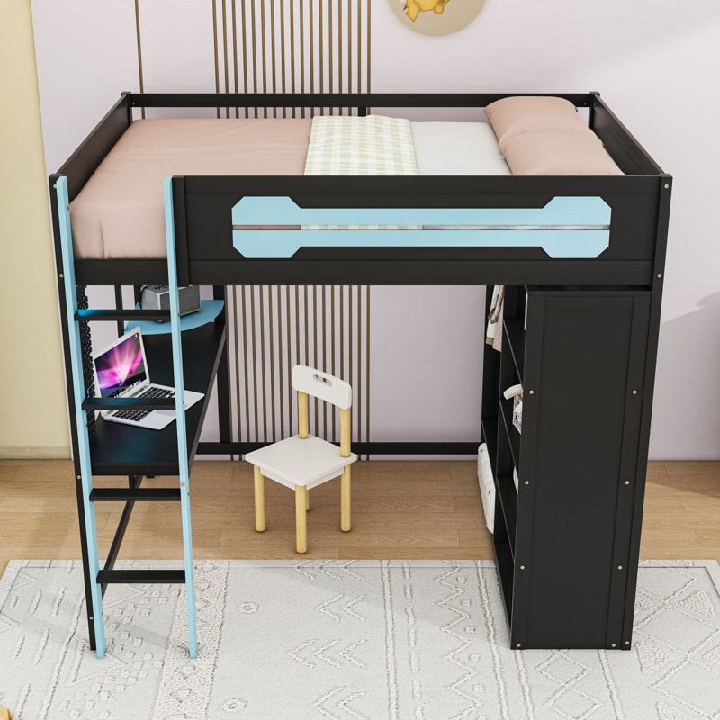 Full Wooden Loft Bed With Wardrobe, LED Strips, USB Ports And Desk, Blue