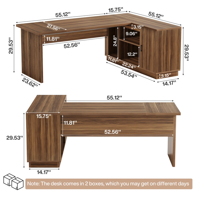 Bureau de direction de 70,8 pouces avec classeur, table d'ordinateur en L avec tablettes de rangement, noyer clair (chaises non incluses)