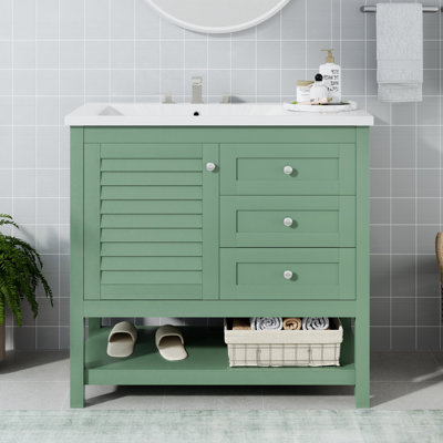 36'' Bathroom Vanity with Undermount Sink, Freestanding Vanity Set with 2 Drawers and Soft Closing Doors, Solid Wood Storage Cabinet with Feet, Green