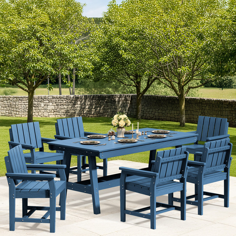 HDPE Outdoor Dining Set, 7-Piece Patio Table With Umbrella Hole And Armchairs – Weather-Resistant, Blue