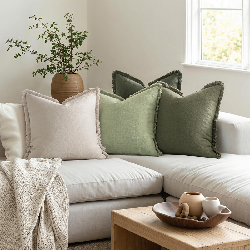 Ensemble de 4 housses de coussin à franges en lin d'automne 18 x 18 beige / vert sauge | Housses de coussin décoratives Boho Farmhouse, housses de coussins rustiques douces et neutres, pour canapé-lit, salon, décoration intérieure