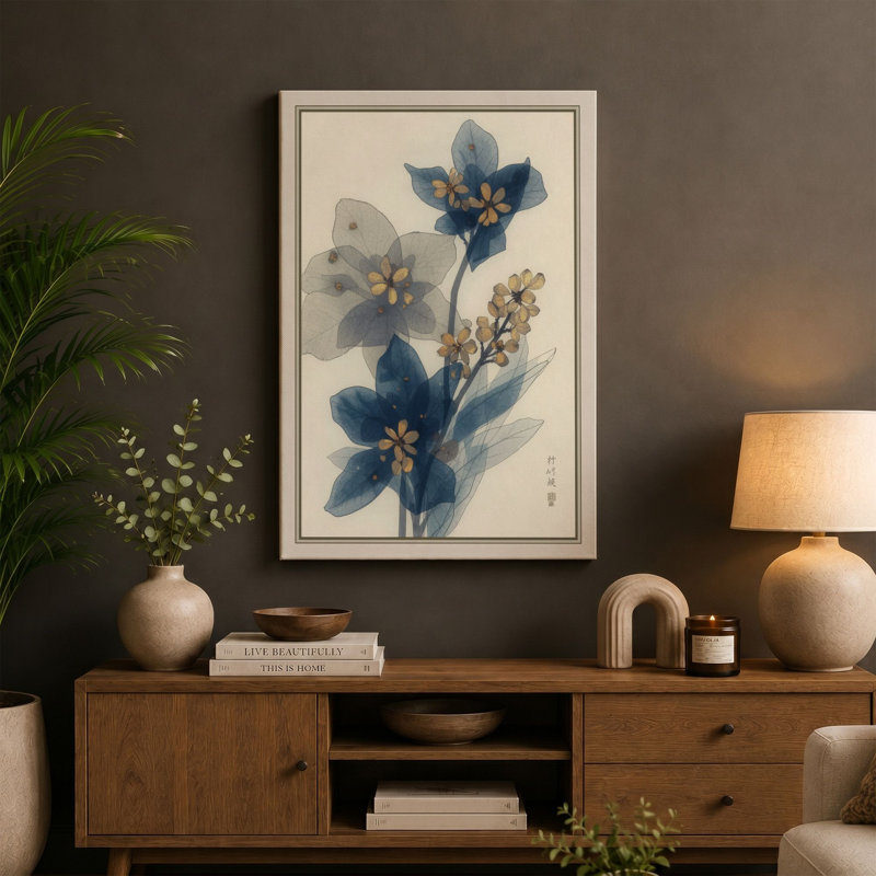 Delicate Blue Blossoms Japandi - Wrapped Canvas, 24x16 - 61.0 x 40.6 cm, Taupe Border
