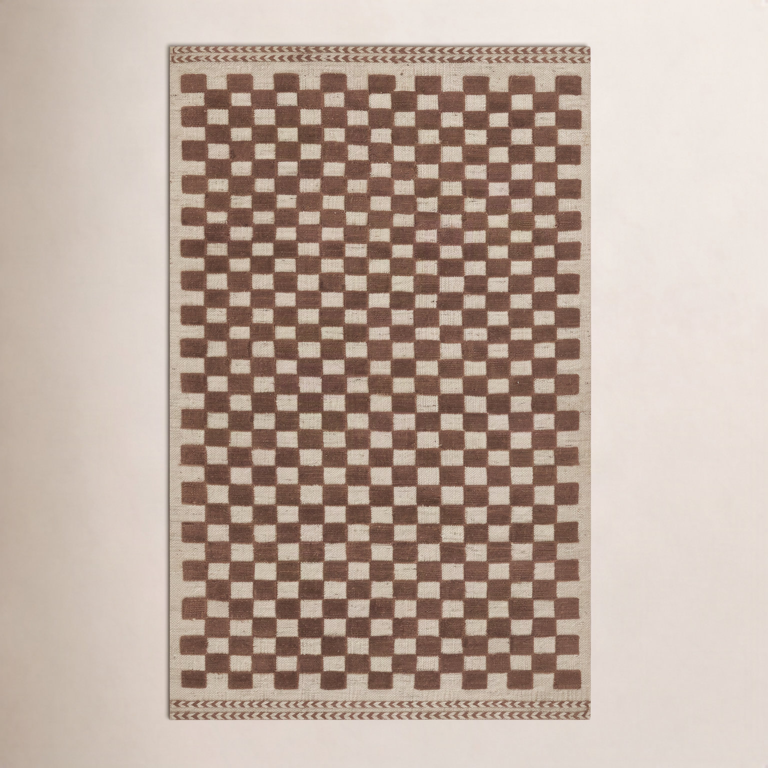 Azle Brown Beige Hand-Woven Checkered Wool Rug, Rectangle 5' x 8'