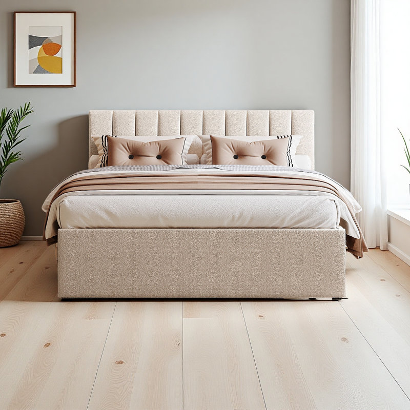 Teddy Fleece Upholstered Platform Bed, Beige, Queen