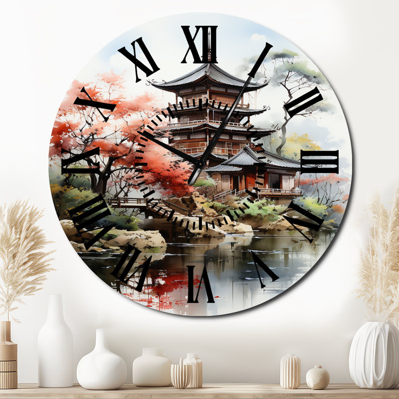 Asian Art Serene Pagoda IV - Horloge murale asiatique, Surdimensionné