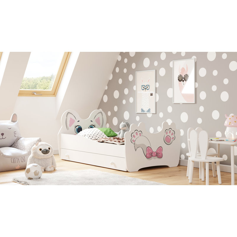Pink Cat children's bed with drawer, Cot Bed / Toddler (70 x 140cm)